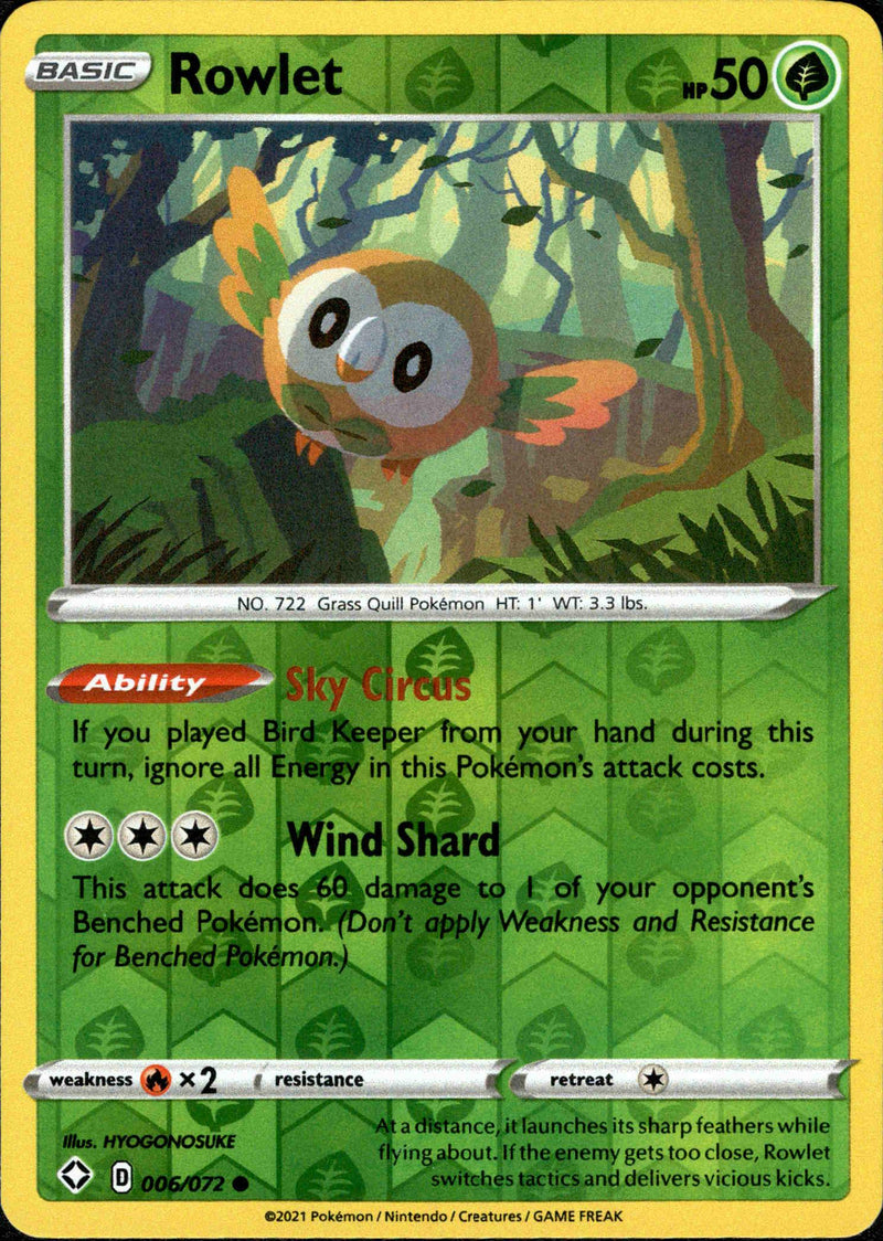 (006/072) Rowlet - Shining Fates Reverse Holo - Card Croc